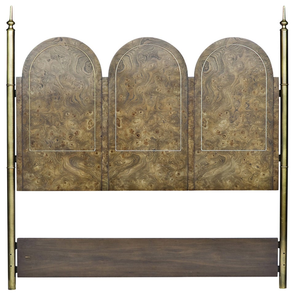 Mastercraft Elegant Burled Amboyna and Brass Headboard For Sale