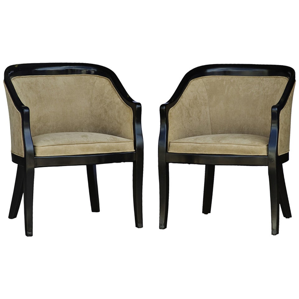 Pair Of Hollywood Regency Black Lacquer Lounge Arm Chairs