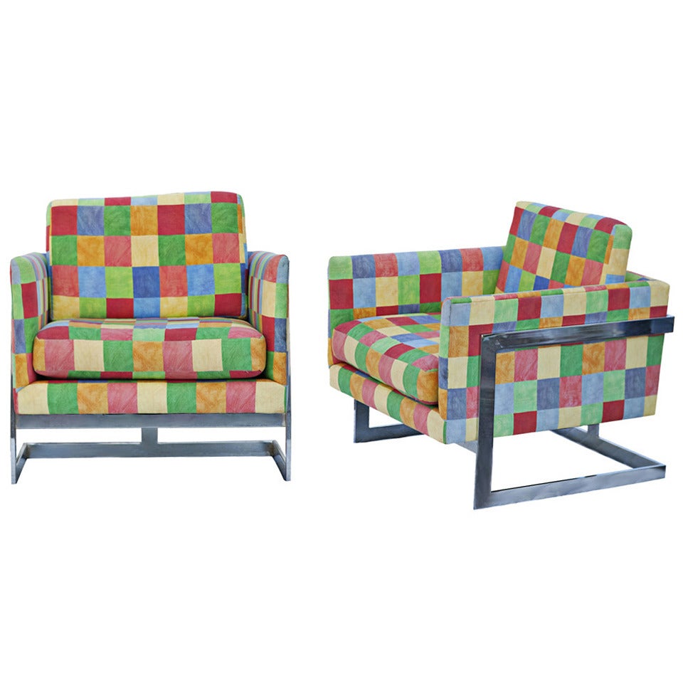 Milo Baughman Chrome and Fabric Club Chairs