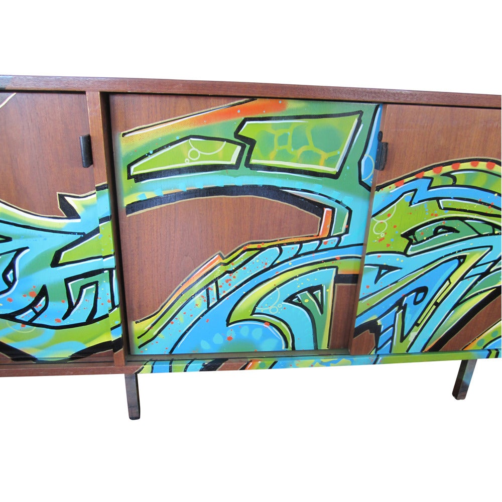 Vintage Florence Knoll Credenza with Graffiti by Artist GONZO247   In Good Condition In Pasadena, TX