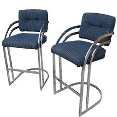 Vintage Pair of Milo Baughman Chrome Cantilever Counter Bar Stools 7