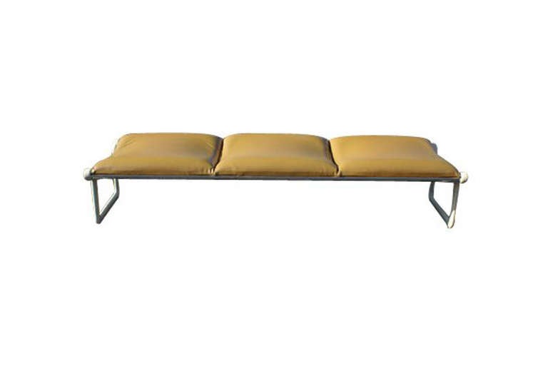 Original Knoll Hannah Morrison Theater Seating
70s Design Three seater bench
Aluminum frame; re-powder coated
Upholstered in mustard/gold original Knoll fabric
Perfect for a modern space!