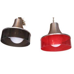 Pair of Warehouse Pendant Lights with Lucite Shades ON SALE 60%
