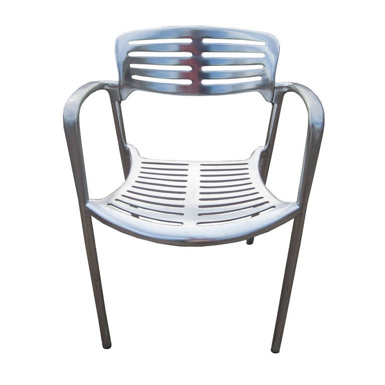 A set of vintage Toledo chairs designed by Jorge Pensi for Amat distributed by Knoll. Made of reinforced thermo-treated cast aluminum, these chairs are ideal for outdoor use but are versatile and comfortable enough to function well indoors. These