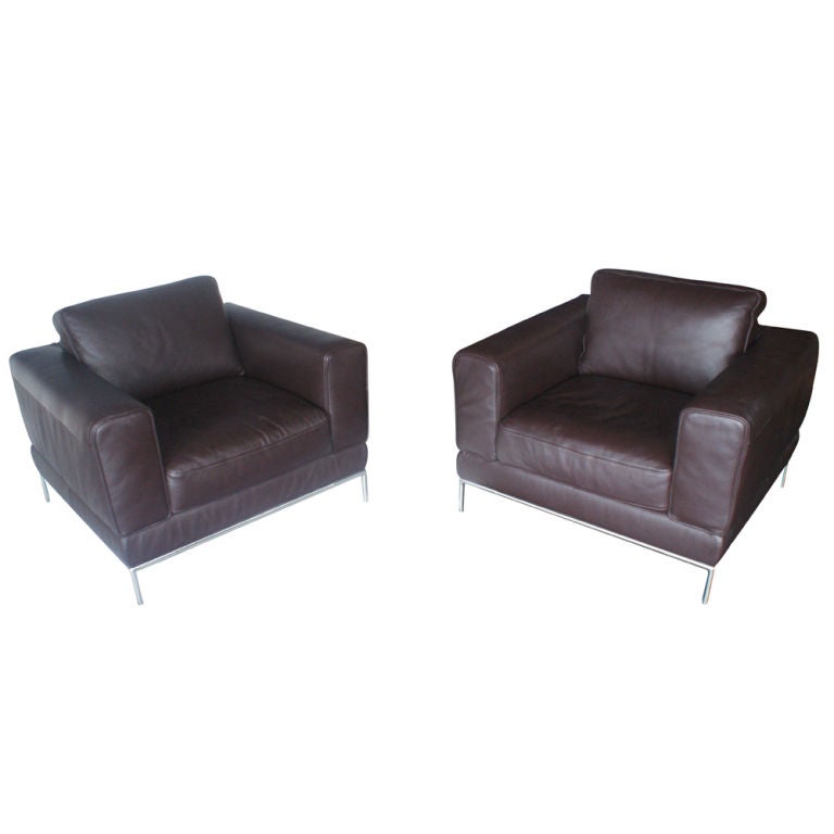 Pair of Modern Brown Leather Lounge Chairs