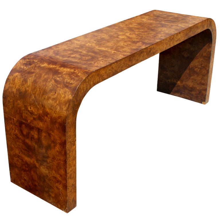 A mid century modern burled wood console or sofa table.