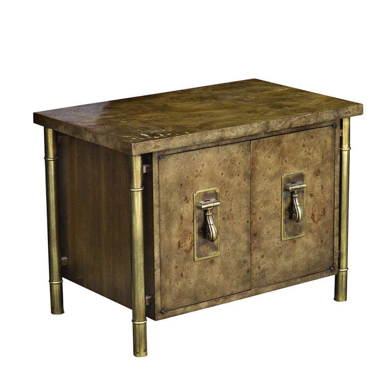 Beautiful pair of burled wood Mastercraft Nightstand Cabinets

Stylized thick bamboo legs give the illusion of the cabinet floating. Each door has heavy solid brass pulls-they open to reveal a nice open space with a single shelf . Both are