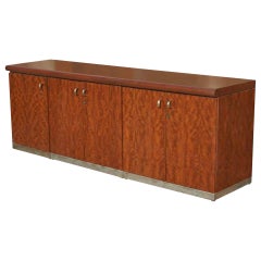 Vintage Brass and Burl Credenza Breakfront Cabinet