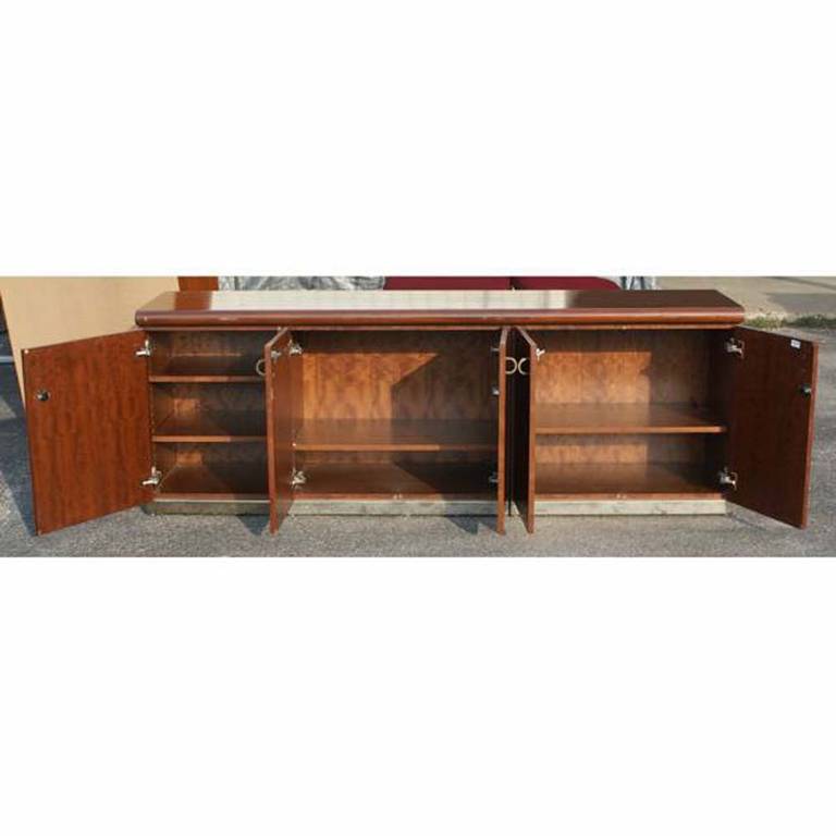 Vintage Brass and Burl Credenza Breakfront Cabinet For Sale 1