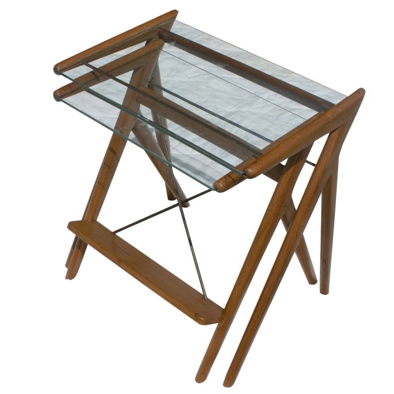 Pair Of Stacking Boomerang Walnut And Glass Side Tables