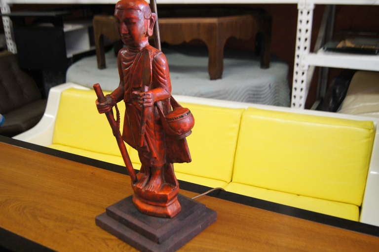Late 20th Century Vintage Oriental Hand Carved Buddha Lamp For Sale