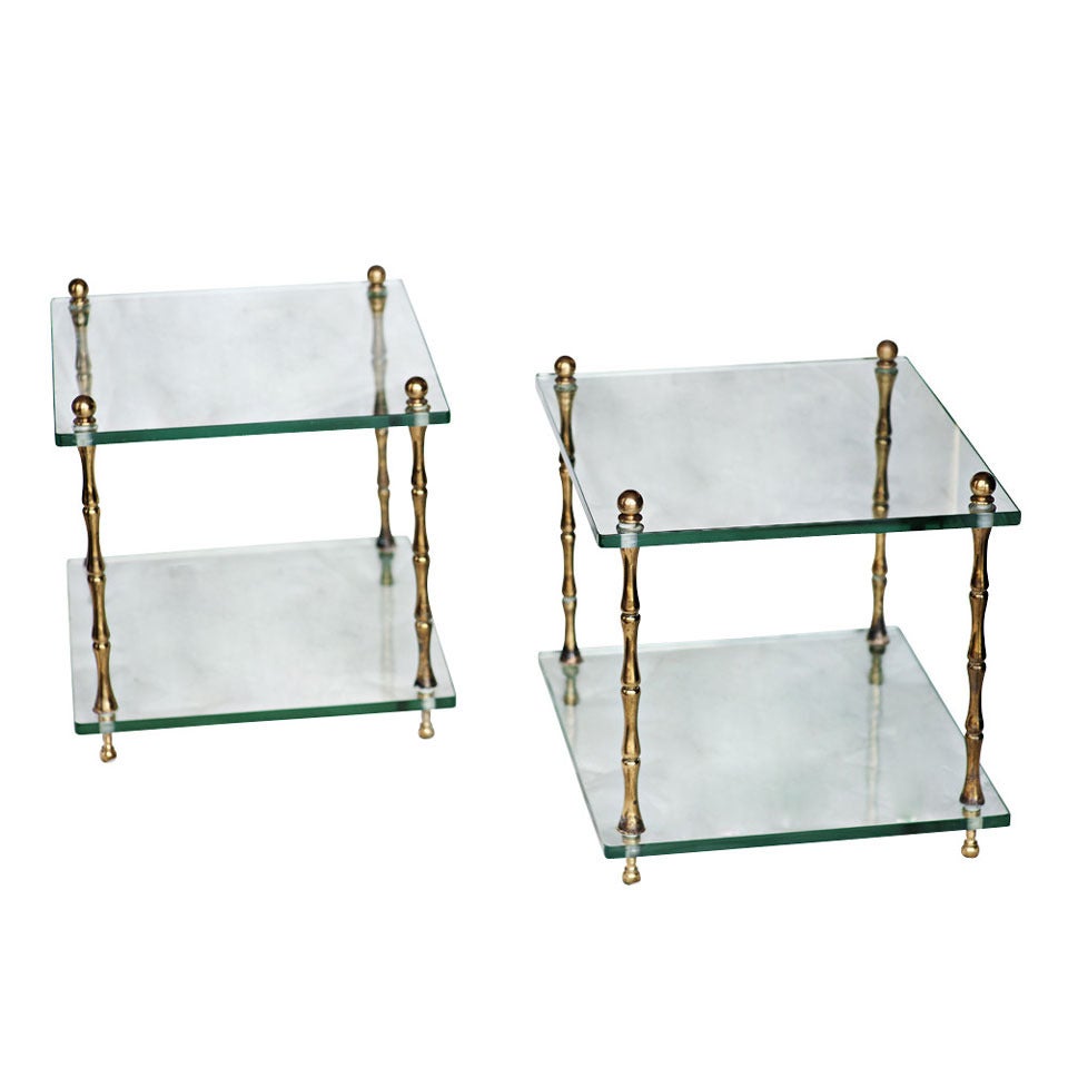 Pair of  Baker Glass and Brass Faux Bamboo Occasional Tables For Sale