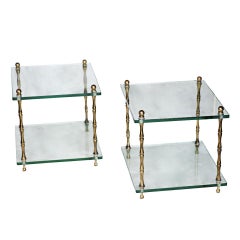 Pair of  Baker Glass and Brass Faux Bamboo Occasional Tables