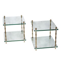 Pair of Baker Glass and Brass Faux Bamboo Occasional Tables
