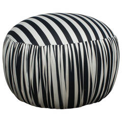 Mid-Century Black and White Striped Upholstered Pouf Ottoman
