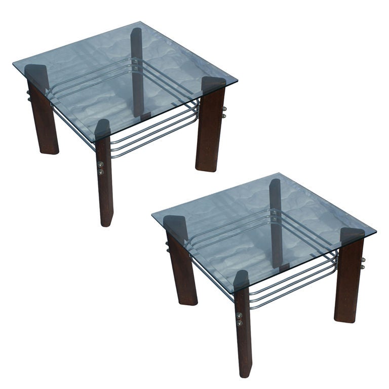 Pair of Vintage Heinz Meier for Landes Glass Wood Chrome Side End