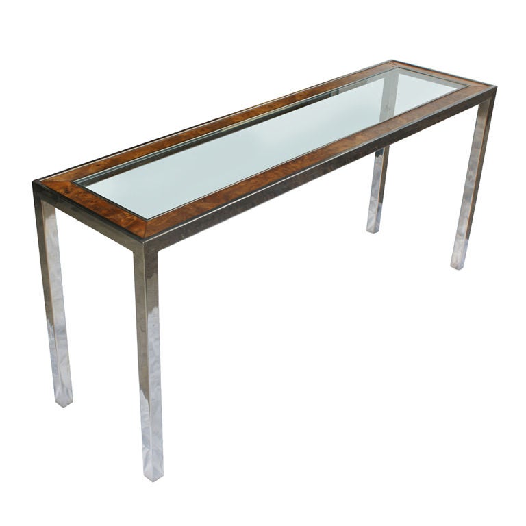 Milo Baughman Burled Wood And Chrome Console Table