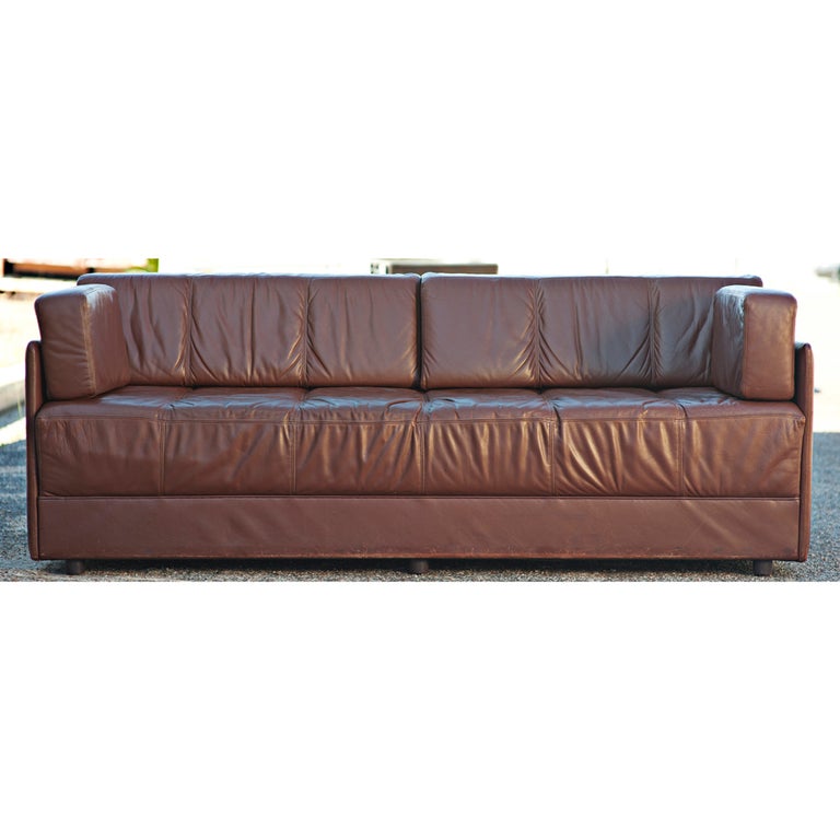 A mid century modern sofa made by Brayton in cinnamon brown leather.  The cushions are removable so it can also be used as a daybed.