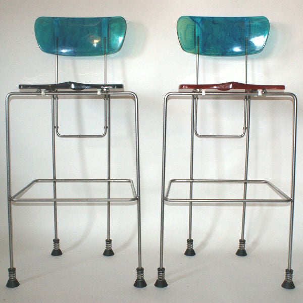 A pair of 543 Broadway barstools designed by Gaetano Pesce and made by Bernini B&B S.P.A. Italy.  Steel frame with signature Gaetano Pesce resin back and seat.  Each piece is unique due to the casting process.  Seat height is 31.5