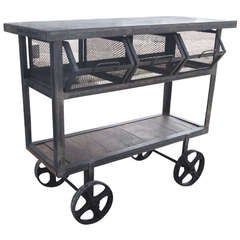 Used Industrial Metal and Wood Rolling Cart Island with Wire Basket