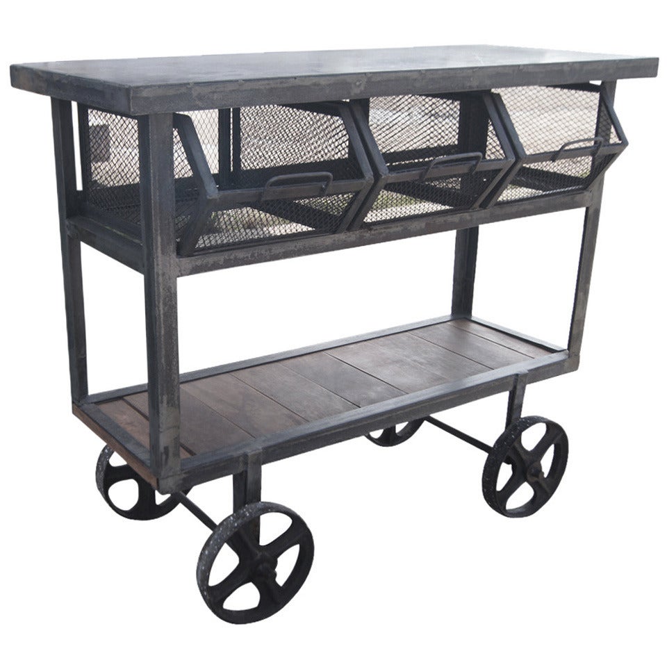 Industrial Metal and Wood Rolling Cart Island with Wire Basket
