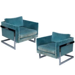 Pair Of Milo Baughman Chrome And Velvet Lounge Chairs