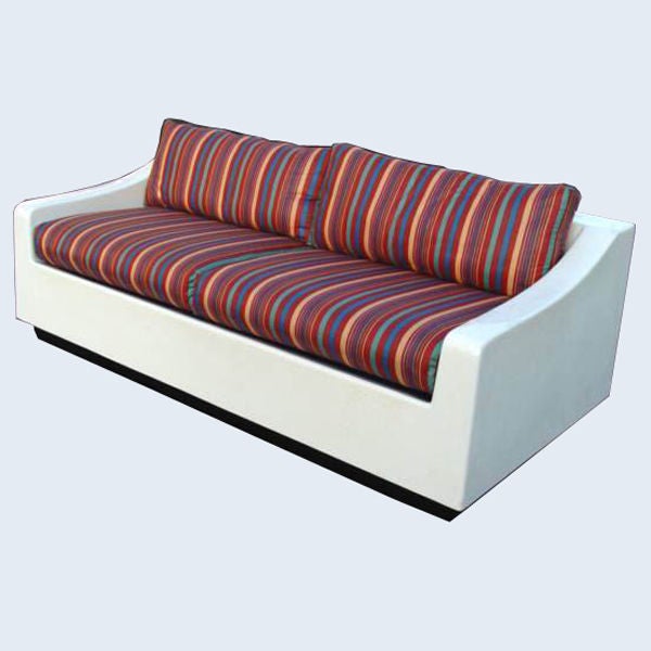 A mid century modern sofa bed designed by Ed Frank and made by Moretti in Italy.  White fiberglass body with striped cushions and new mattress.