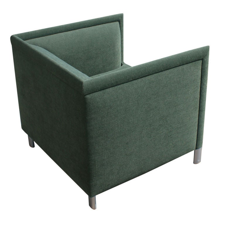 A pair of mid century modern lounge chairs designed by Gary Lee and made by Knoll.  Green boucle upholstery and aluminum legs.  Eco-friendly materials and construction.  As shown in the image we have several pairs of these available.  As shown in