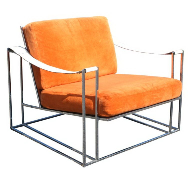 A pair of mid century modern lounge chairs designed by Milo Baughman.  Square tubular chrome frames with orange mohair upholstery and white leather sling arms.  