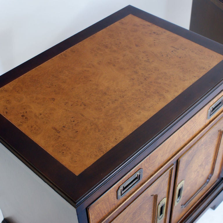 20th Century Pair Of Century Burled Asian Motif Nightstands