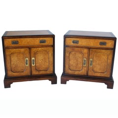 Pair Of Century Burled Asian Motif Nightstands