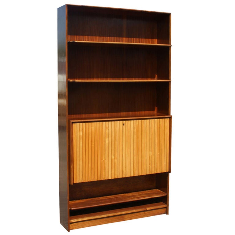 Mid Century Exotic Wood Bookcase with Hideaway Mini Bar