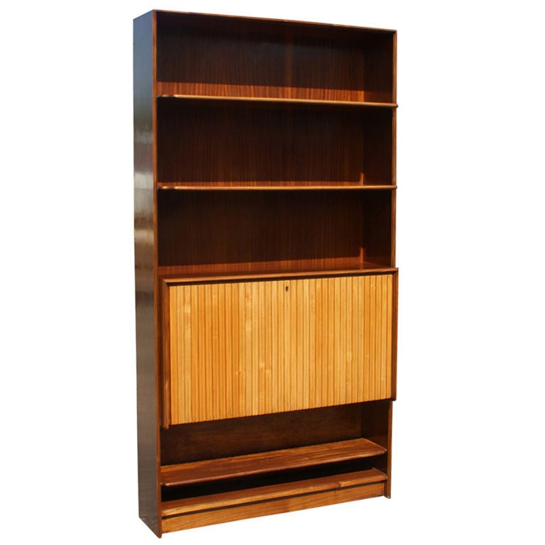 Mid Century Exotic Wood Bookcase with Hideaway Mini Bar at 1stDibs