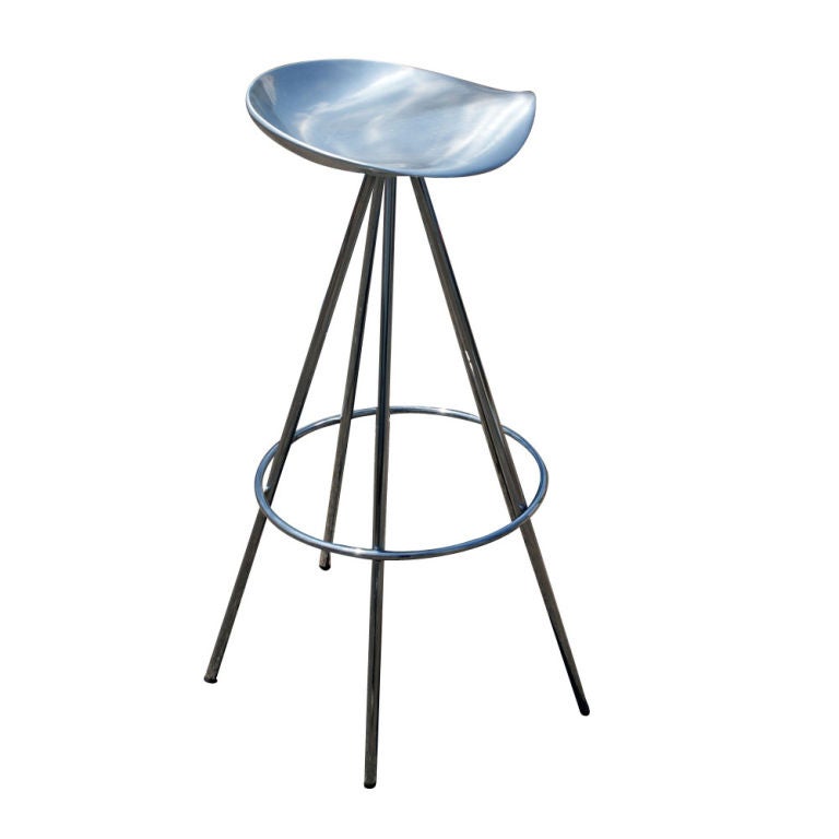 Modern bar stools designed by Pepe Cortes and made in Spain by Amat-3. These stools are currently being sold by Knoll. Aluminum saddle-like seats which swivel and chrome frames.
