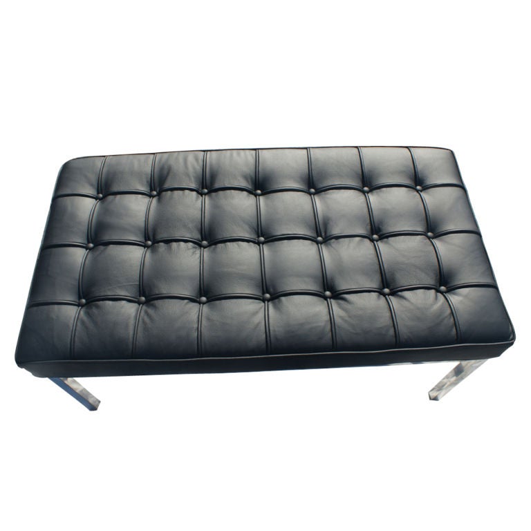 Very nice example of Florence Knolls` superbly understated International Style tufted leather and steel bench.