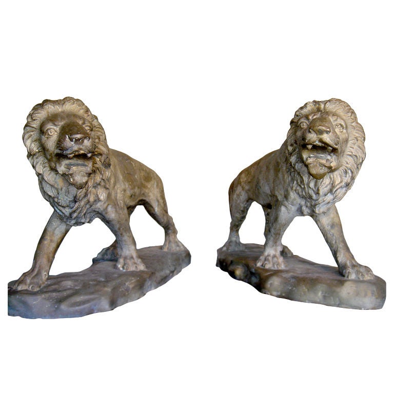 27" Cast Bronze Sculptures of Two Lions