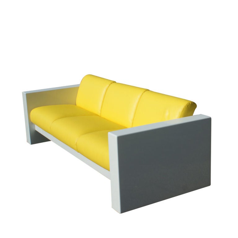 Modern sofa designed by Brian Kane and made by Metro.  A restored fiberglass frame with new Sunbrella upholstered cushions. 
As shown in the last image, we have matching settees and end tables also available.