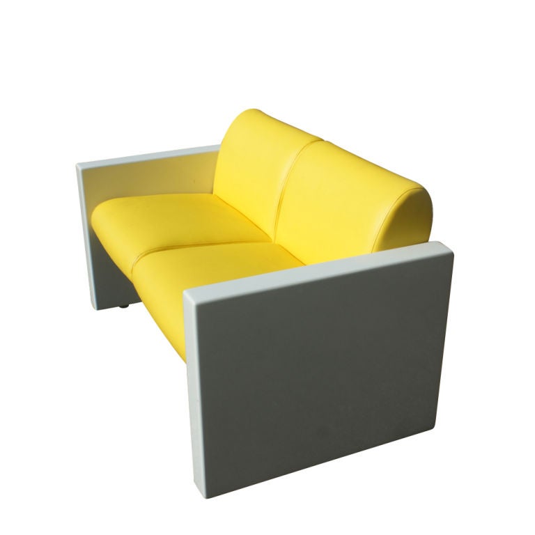 A mid cenury modern loveseat designed by Brian Kane and made by Metro.  A restored fiberglass frame with new Sunbrella upholstered cushions.  This piece can be used outdoors as well as indoors.  As shown in the last image, we have matching pieces