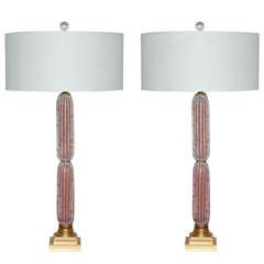 Pair of Vintage Opaline Murano Column Lamps in Salmon with Gold and Bubbles