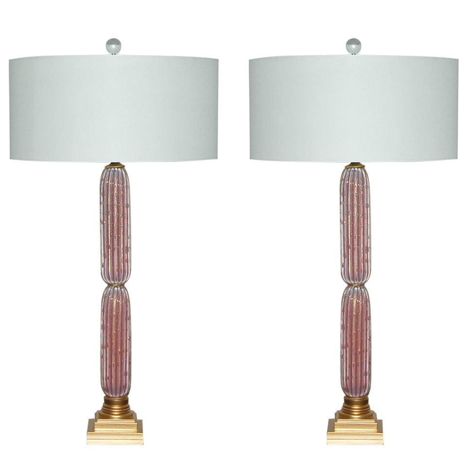 Pair of Vintage Opaline Murano Column Lamps in Salmon with Gold and Bubbles For Sale