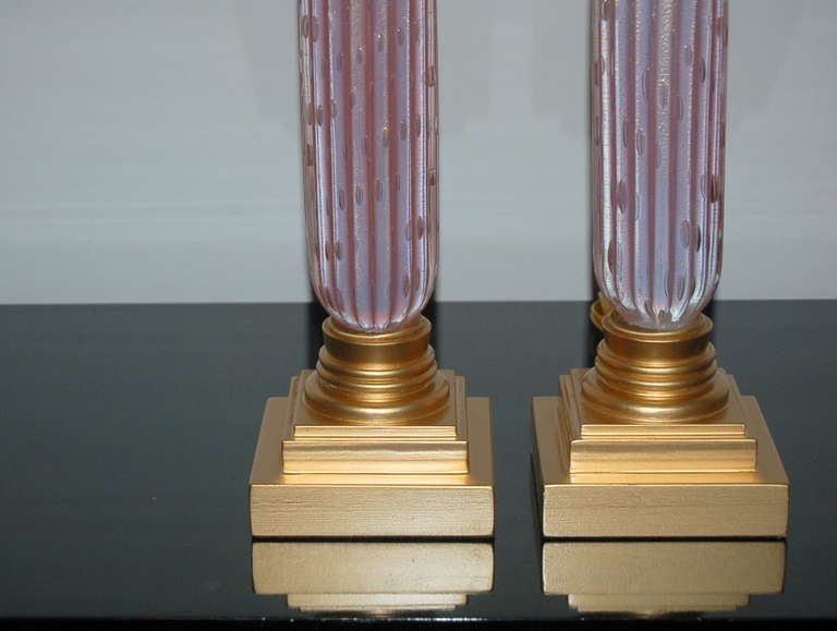 Italian Pair of Vintage Opaline Murano Column Lamps in Salmon with Gold and Bubbles For Sale