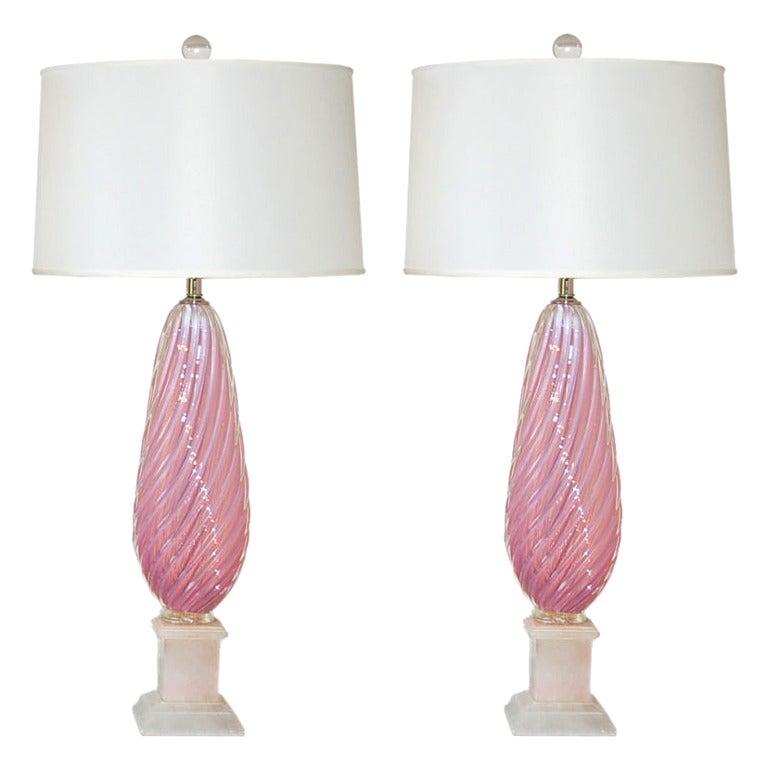Vintage Pair of Opaline Murano Lamps in Pink Lemonade For Sale