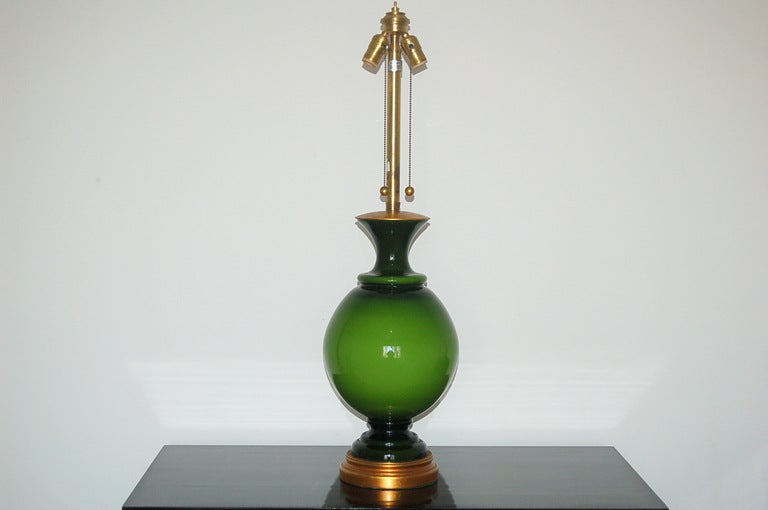 Blown Swedish cased glass lamp in a most spectacular GREEN BRILLIANTINE by The Marbro Lamp Company, circa 1962.  The color is divine, the design - exquisite.  All the beauty one expects from Marbro, and then some!

This lamp measures 35 inches