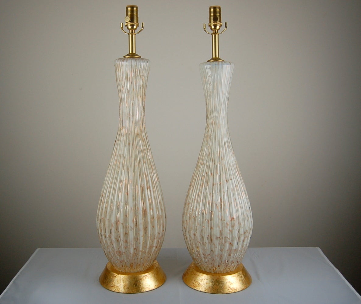 Hollywood Regency White Murano Table Lamps with Copper Bits