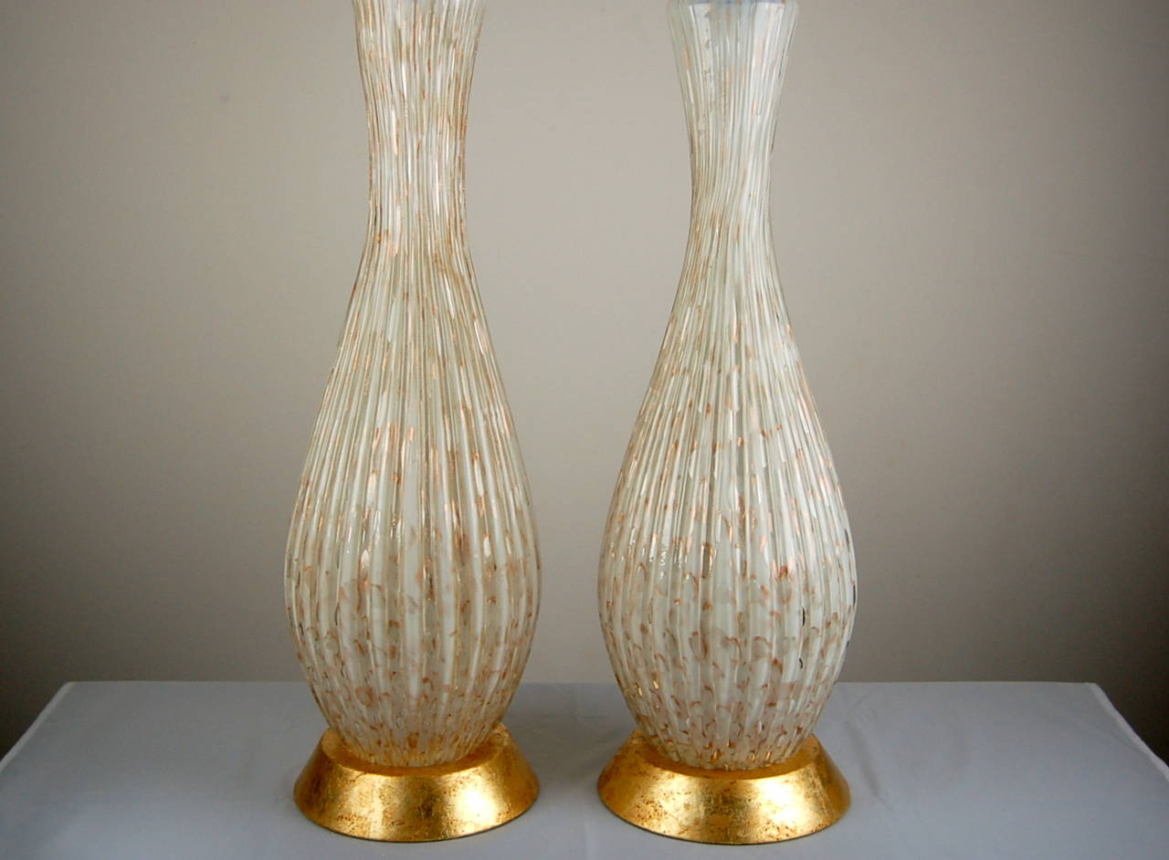 White Murano Table Lamps with Copper Bits In Excellent Condition In Little Rock, AR