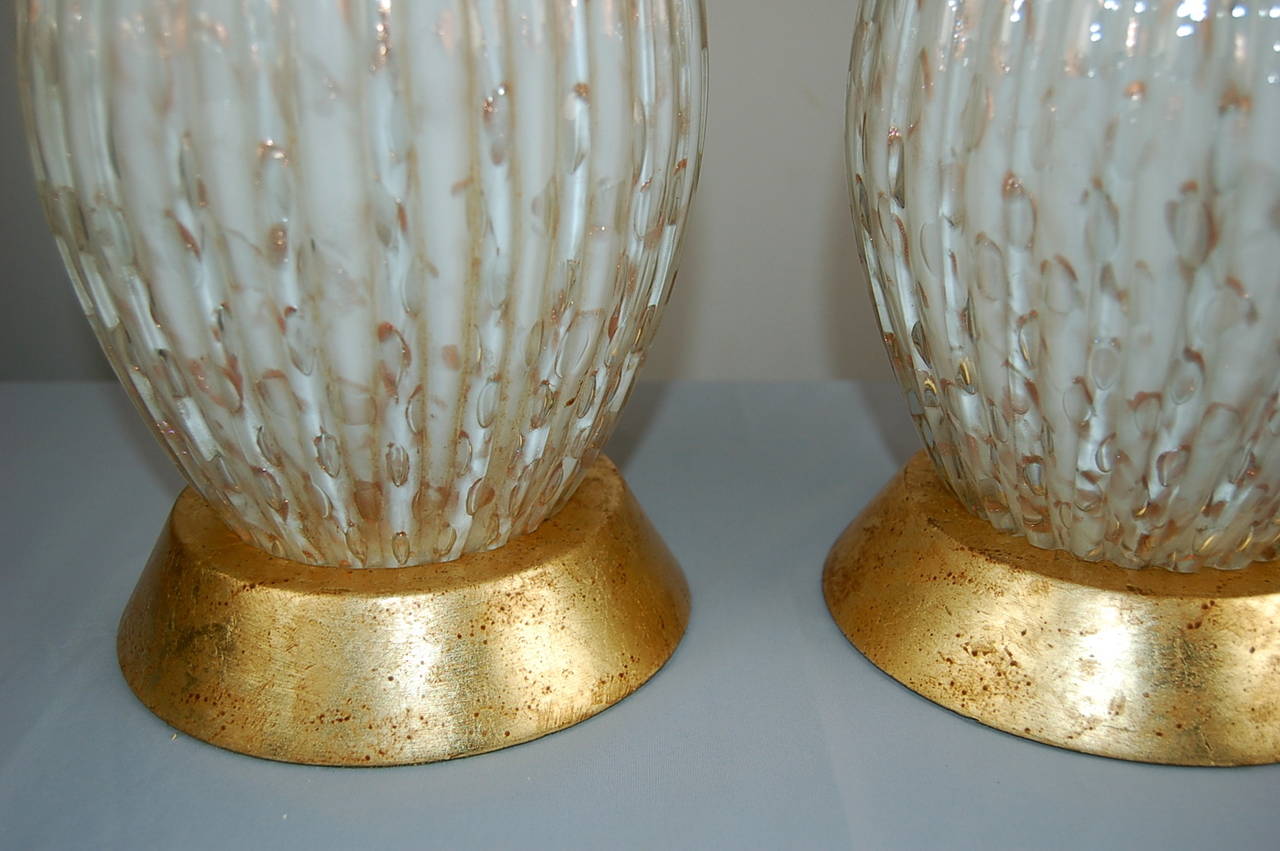 Mid-20th Century White Murano Table Lamps with Copper Bits