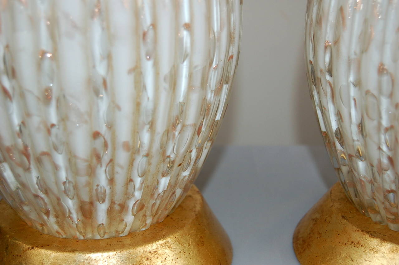 Murano Glass White Murano Table Lamps with Copper Bits