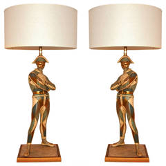 Commanding Pair of Italian Harlequin Jester Lamps by Marbro, Signed and Labeled