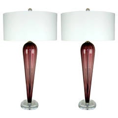 Pair of Towering Vintage Murano Teardrop Lamps in Grape