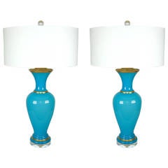 Magical Pair of Vintage Murano Blue Opaline Lamps